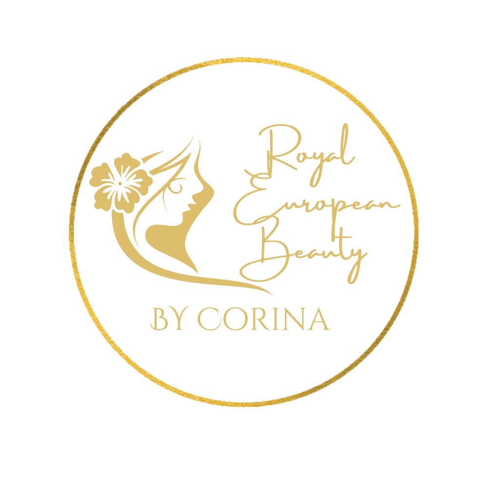 A logo for "Royal European Beauty by Corina" featuring elegant, cursive gold text inside a circular border. The design includes a stylized profile of a woman's face with a hibiscus flower in her hair, symbolizing beauty and sophistication.