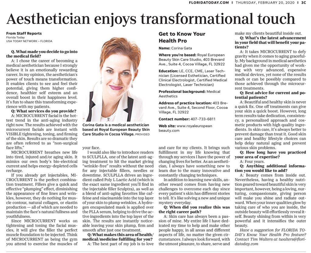 A newspaper article titled "Aesthetician enjoys transformational touch," featuring an interview with a medical aesthetician. The article includes a photo of the aesthetician and a side box detailing her background and qualifications.