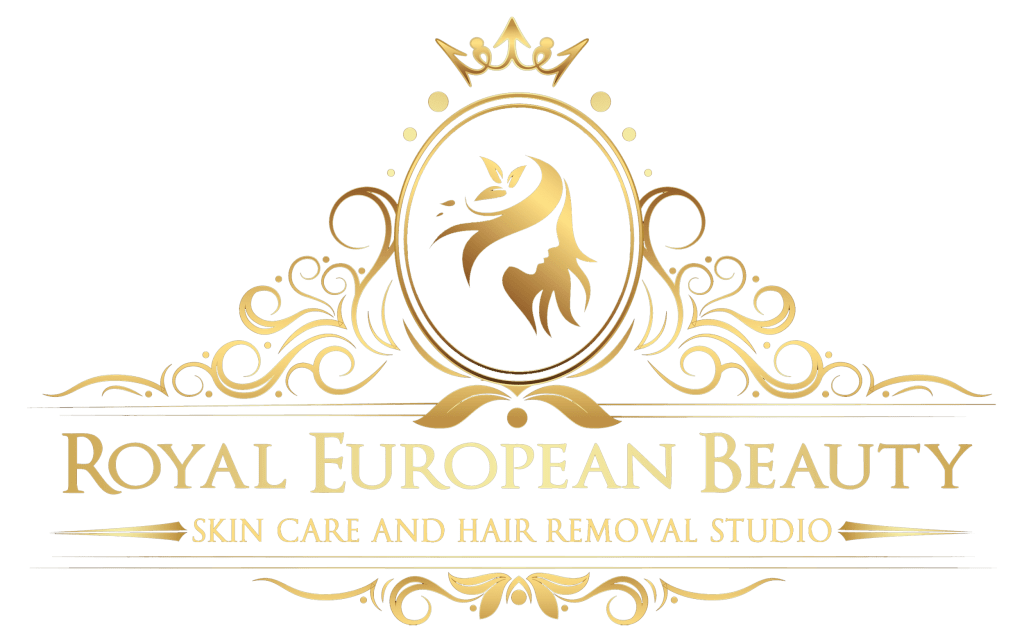 Logo for Royal European Beauty. Features ornate gold designs with a crowned figure in a central oval, accompanied by floral elements. Gold text below reads "Royal European Beauty" followed by "Skin Care and Hair Removal Studio" in smaller text.